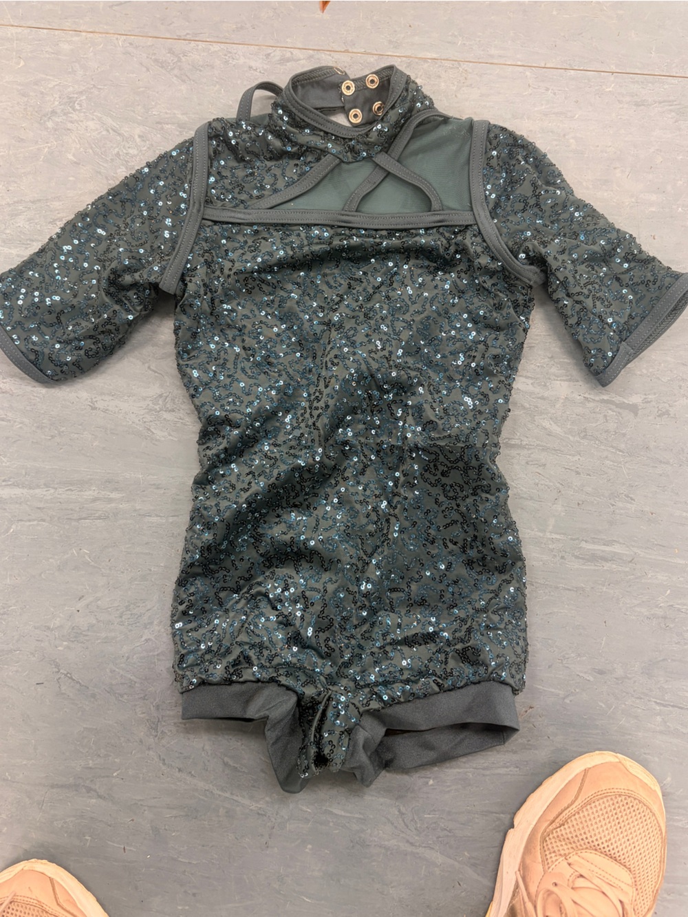 Kids Sequin Short Sleeve One-Piece Dance Romper - Dark Grey/Blue-ish Green